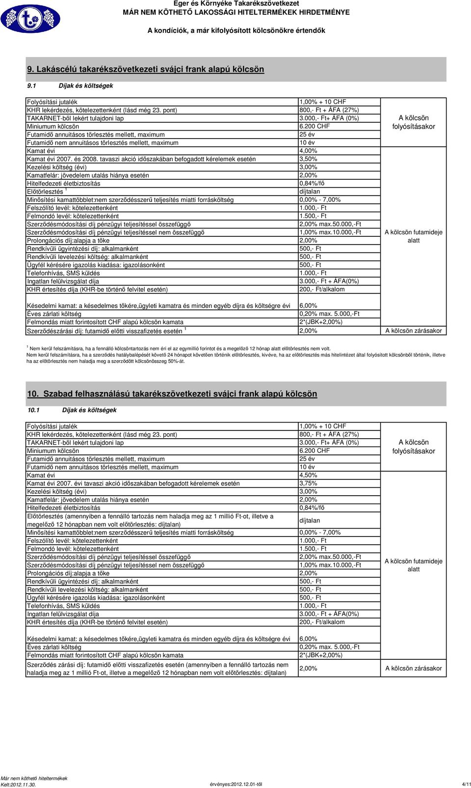 000,- Ft + ÁFA(0%) Éves zárlati költség Felmondás miatt forintosított CHF alapú kölcsön kamata Szerződészárási díj: futamidő előtti visszafizetés esetén 1 0,20% max. 5.