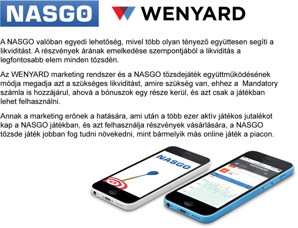 Az WENYARD marketing rendszer és a NASGO tőzsdejáték együttműködésének módja megadja azt a szükséges likviditást, amire szükség van, ehhez a Mandatory számla is