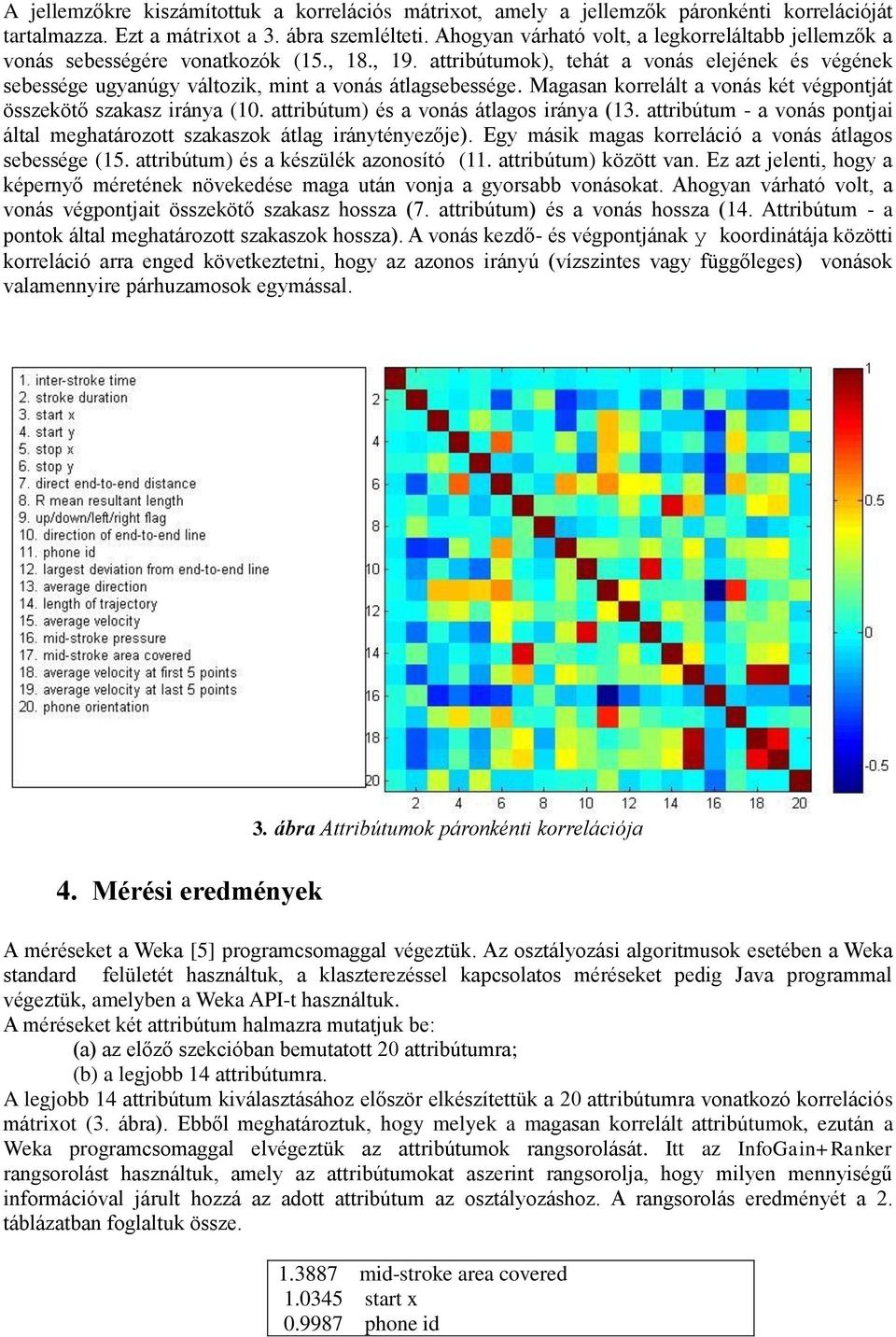 Magasan korrelált a vonás két végpontját összekötő szakasz ránya (10. attrbútum) és a vonás átlagos ránya (13. attrbútum - a vonás pontja által meghatározott szakaszok átlag ránytényezője).