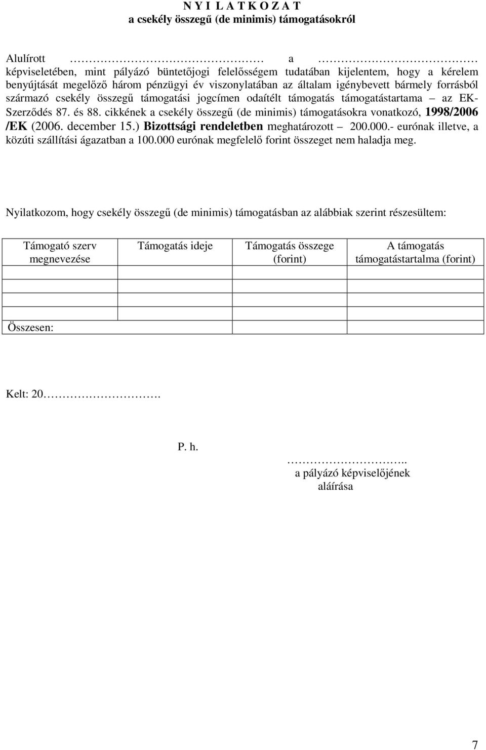 cikkének a csekély összegő (de minimis) támogatásokra vonatkozó, 1998/2006 /EK (2006. december 15.) Bizottsági rendeletben meghatározott 200.000.- eurónak illetve, a közúti szállítási ágazatban a 100.