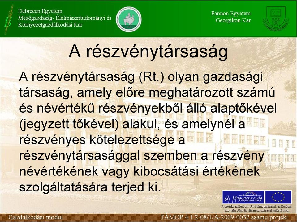 részvényekből álló alaptőkével (jegyzett tőkével) alakul, és amelynél a