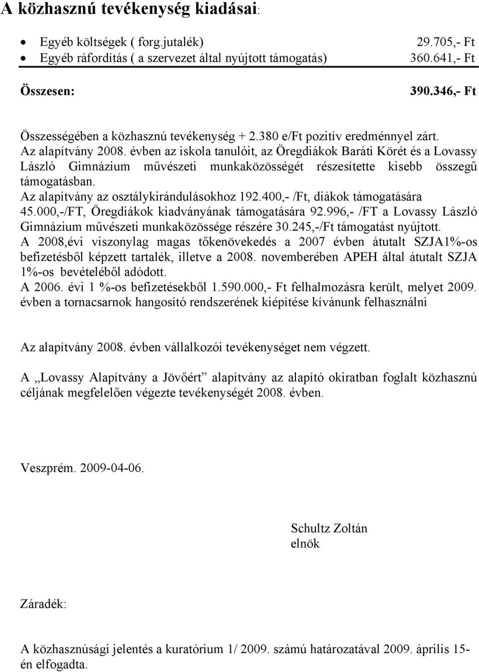 évben az iskola tanulóit, az Öregdiákok Baráti Körét és a Lovassy László Gimnázium művészeti munkaközösségét részesítette kisebb összegű támogatásban. Az alapítvány az osztálykirándulásokhoz 192.