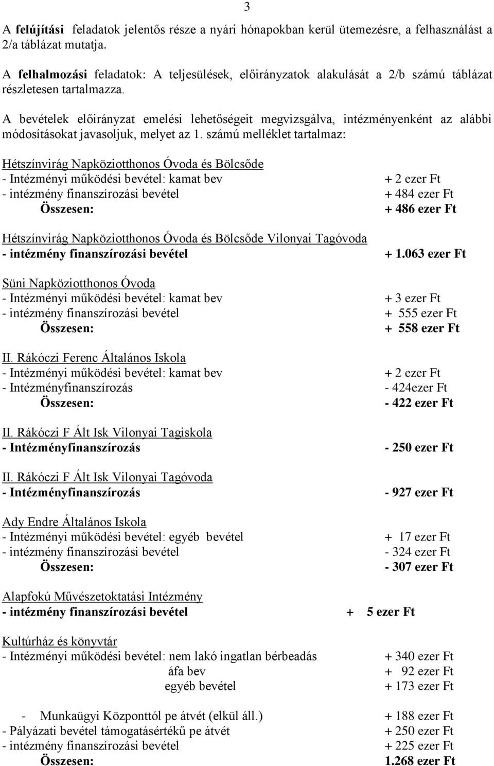 A bevételek előirányzat emelési lehetőségeit megvizsgálva, intézményenként az alábbi módosításokat javasoljuk, melyet az 1.