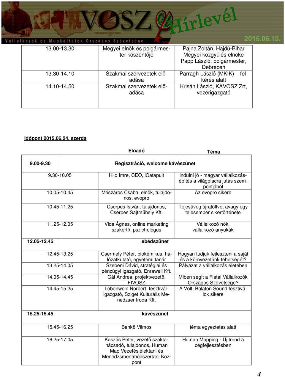 2015.06.15. Időpont 2015.06.24, szerda Előadó Téma 9.00-9.30 Regisztráció, welcome kávészünet 9.30-10.