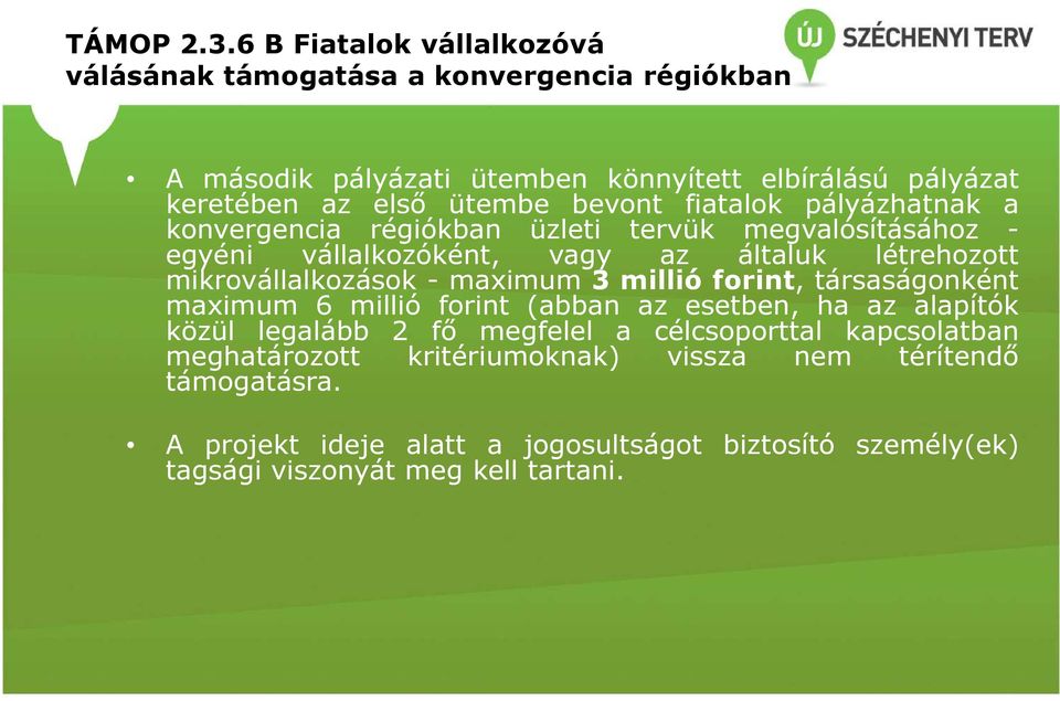 bevont fiatalok pályázhatnak a konvergencia régiókban üzleti tervük megvalósításához - egyéni vállalkozóként, vagy az általuk létrehozott mikrovállalkozások -