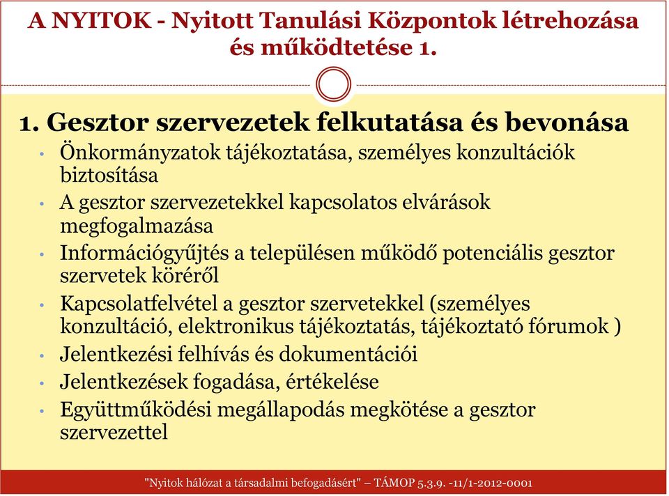 kapcsolatos elvárások megfogalmazása Információgyűjtés a településen működő potenciális gesztor szervetek köréről Kapcsolatfelvétel a gesztor