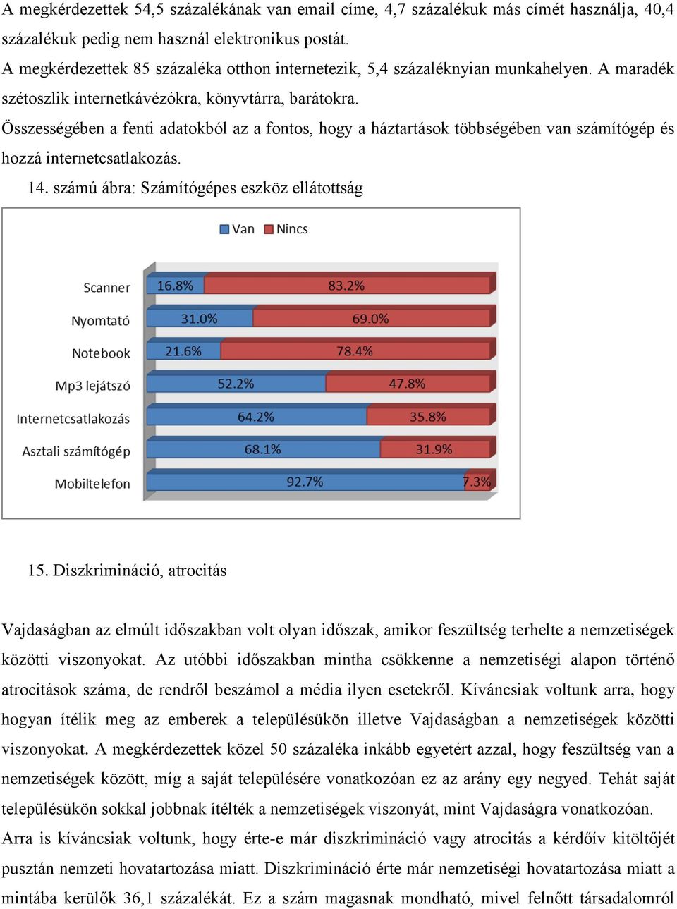 Összességében a fenti adatokból az a fontos, hogy a háztartások többségében van számítógép és hozzá internetcsatlakozás. 14. számú ábra: Számítógépes eszköz ellátottság 15.