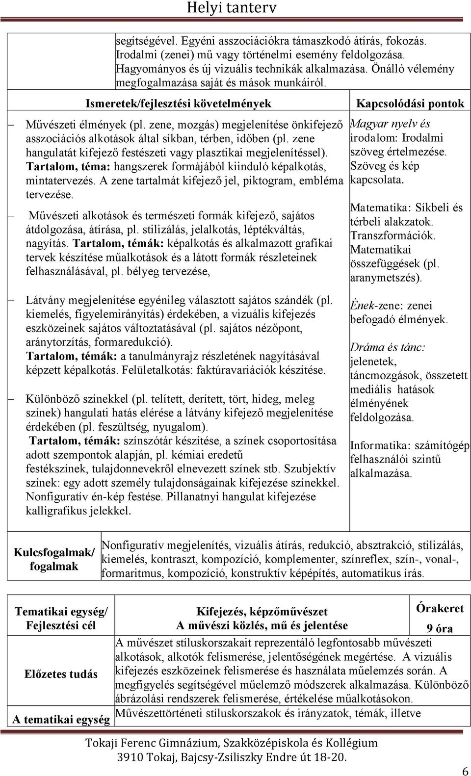 zene, mozgás) megjelenítése önkifejező asszociációs alkotások által síkban, térben, időben (pl. zene hangulatát kifejező festészeti vagy plasztikai megjelenítéssel).