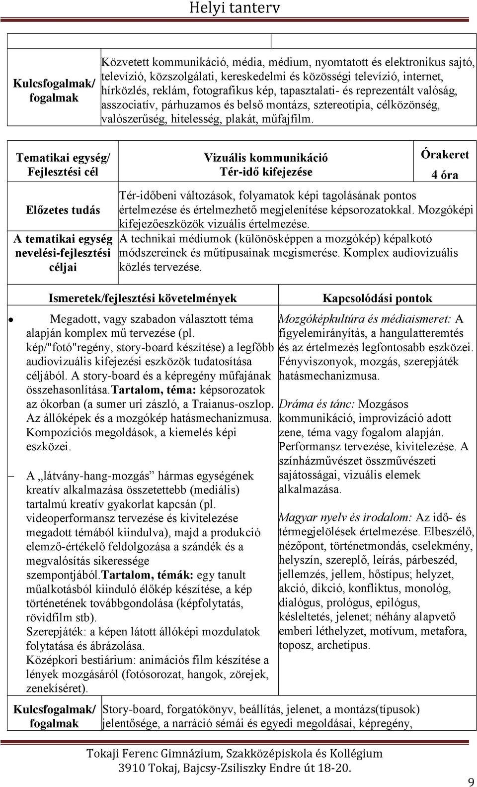 Tematikai egység/ Fejlesztési cél Előzetes tudás A tematikai egység nevelési-fejlesztési céljai Vizuális kommunikáció Tér-idő kifejezése Órakeret 4 óra Tér-időbeni változások, folyamatok képi