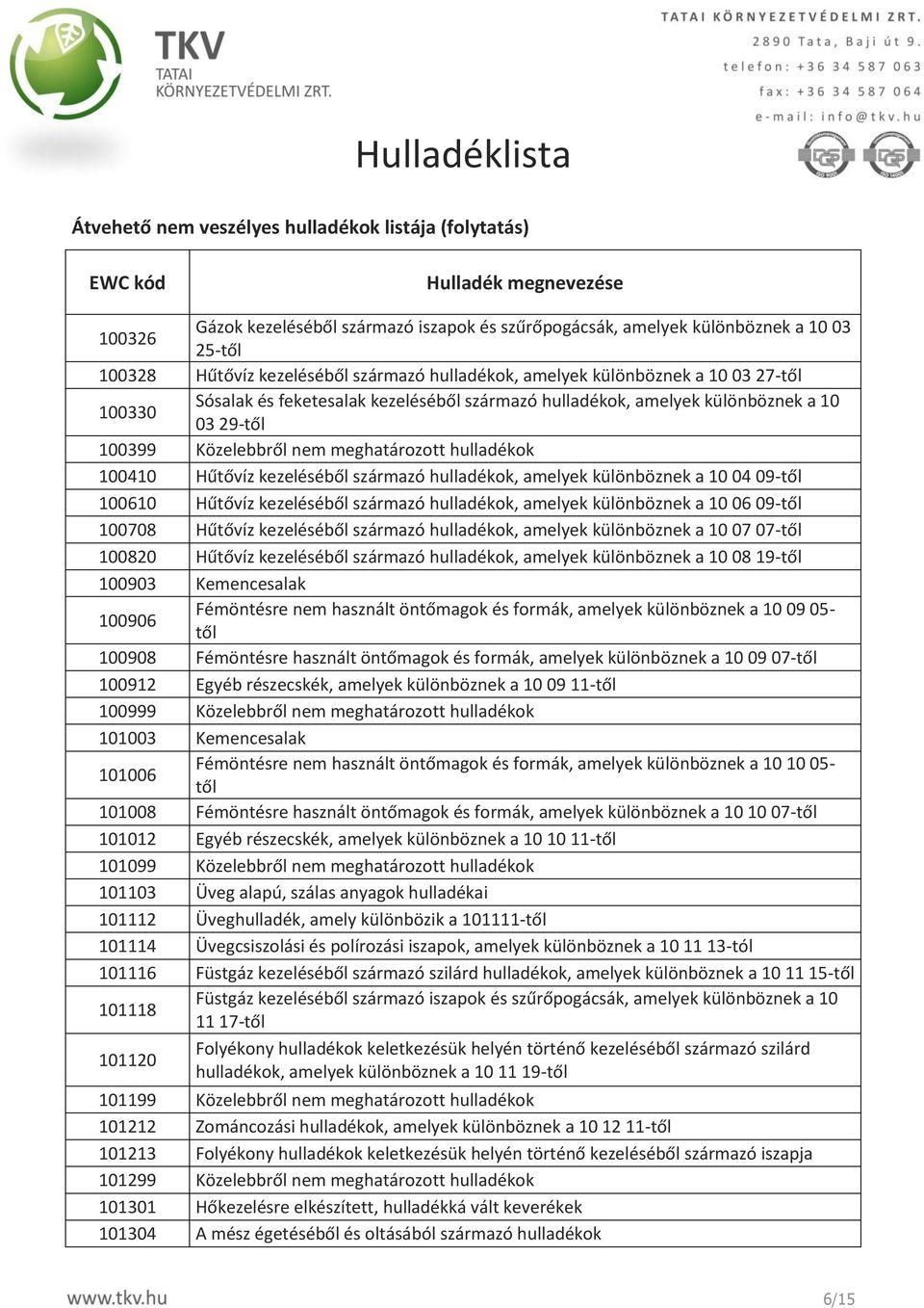 10 04 09-től 100610 Hűtővíz kezeléséből származó hulladékok, amelyek különböznek a 10 06 09-től 100708 Hűtővíz kezeléséből származó hulladékok, amelyek különböznek a 10 07 07-től 100820 Hűtővíz