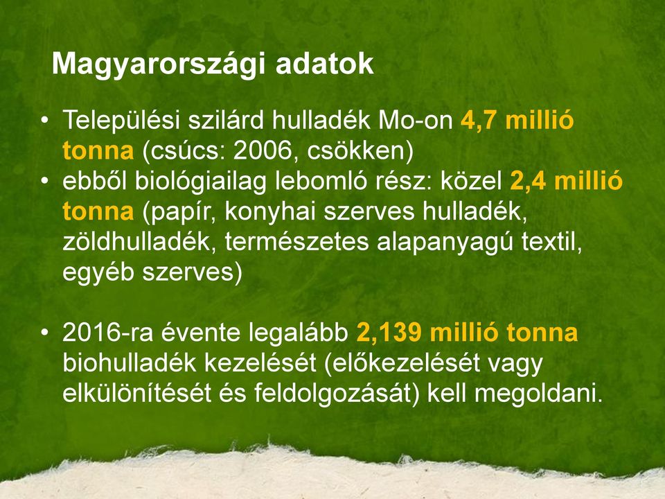 hulladék, zöldhulladék, természetes alapanyagú textil, egyéb szerves) 2016-ra évente legalább