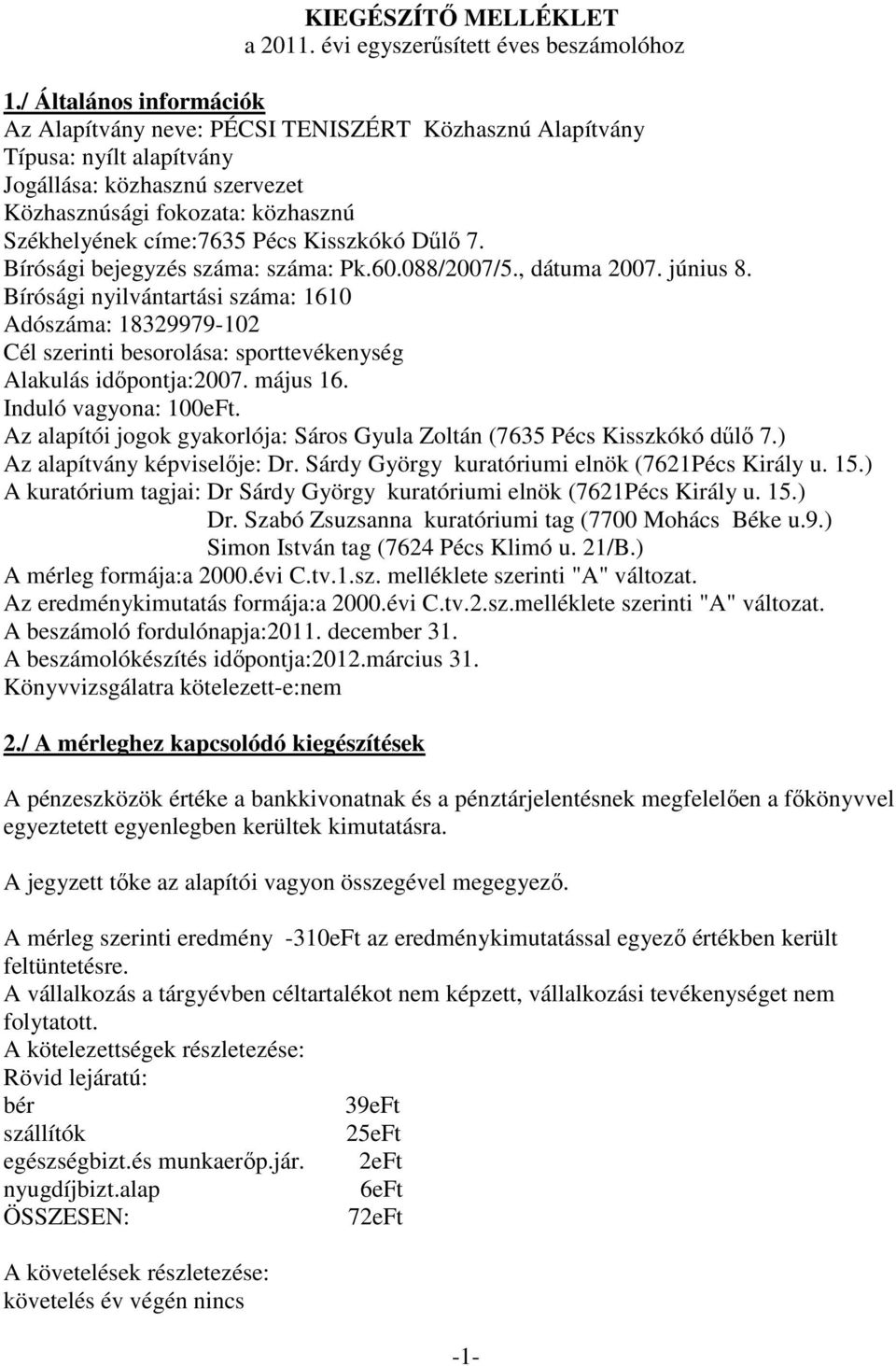 Kisszkókó Dőlı 7. Bírósági bejegyzés száma: száma: Pk.60.088/2007/5., dátuma 2007. június 8.