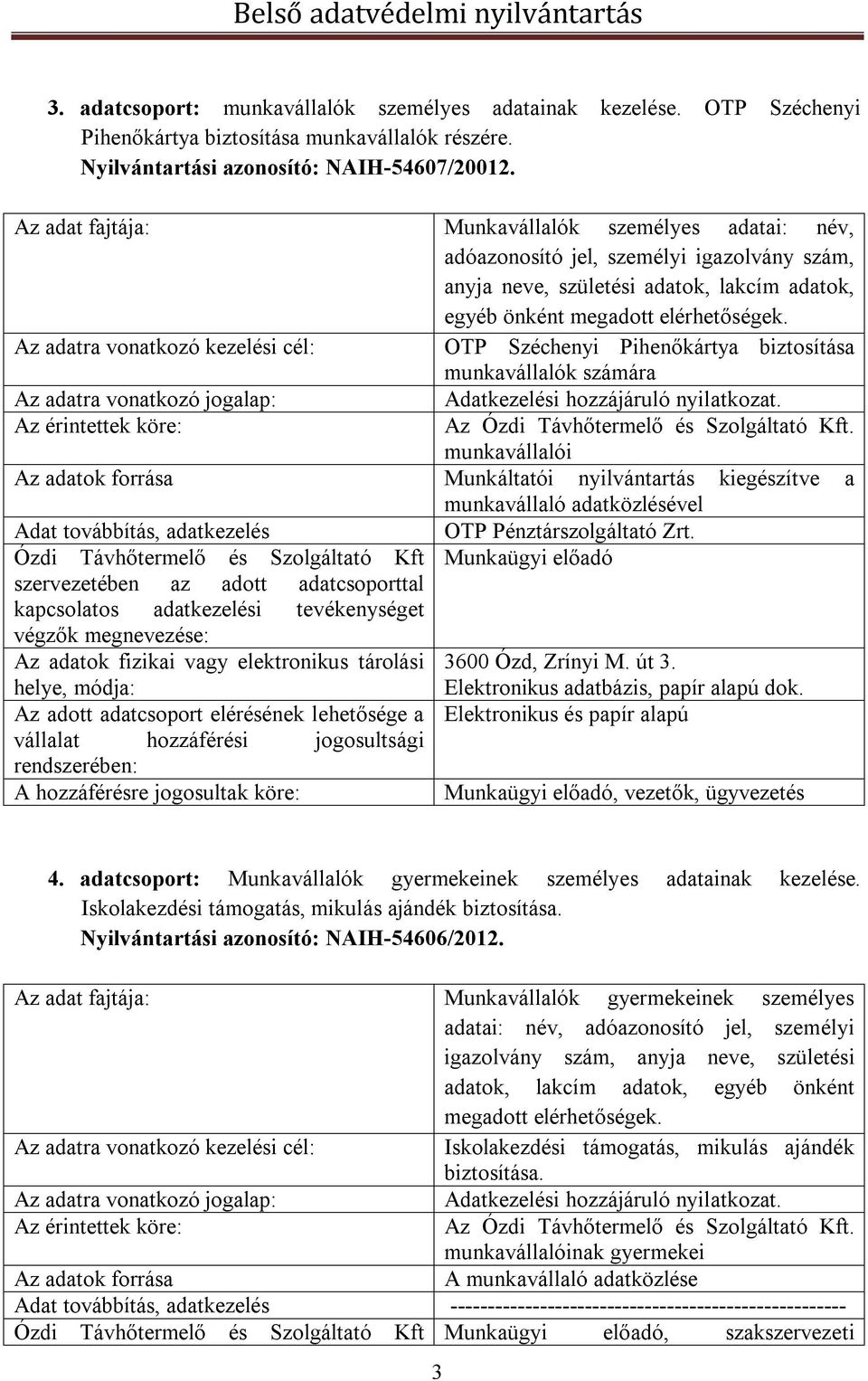 OTP Széchenyi Pihenőkártya biztosítása munkavállalók számára Adatkezelési hozzájáruló nyilatkozat. Az Ózdi Távhőtermelő és Szolgáltató Kft.