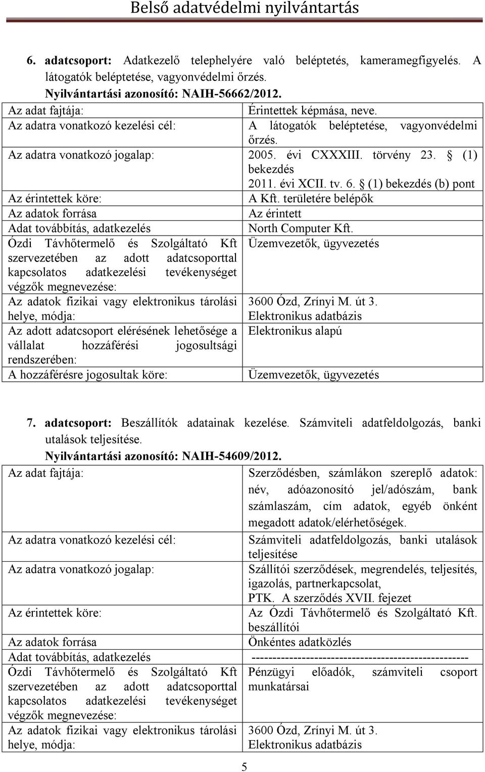 területére belépők Az érintett Adat továbbítás, adatkezelés North Computer Kft. Ózdi Távhőtermelő és Szolgáltató Kft Üzemvezetők, ügyvezetés Elektronikus alapú Üzemvezetők, ügyvezetés 7.