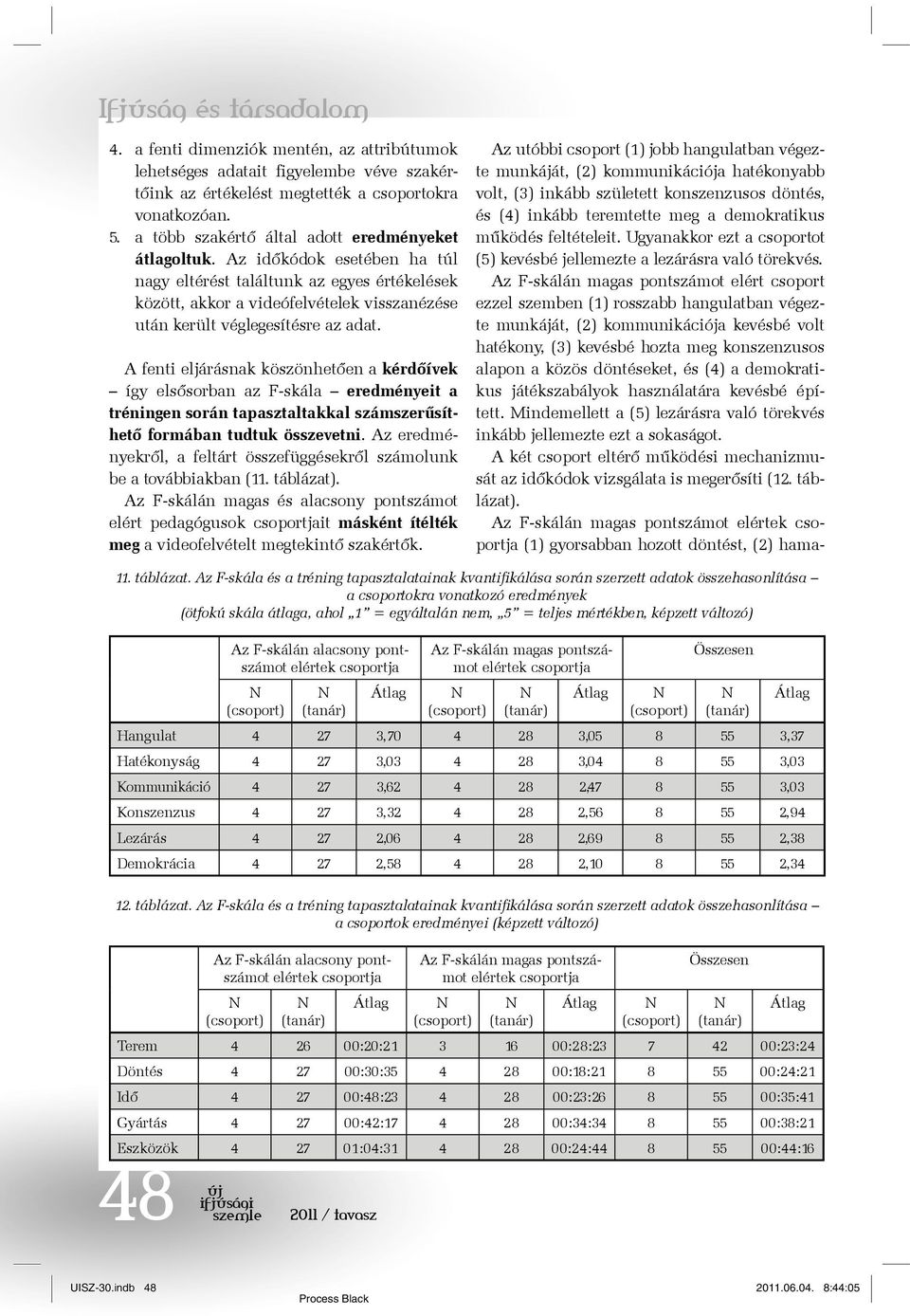 A fenti eljárásnak köszönhetően a kérdőívek így elsősorban az F-skála eredményeit a tréningen során tapasztaltakkal számszerűsíthető formában tudtuk összevetni.