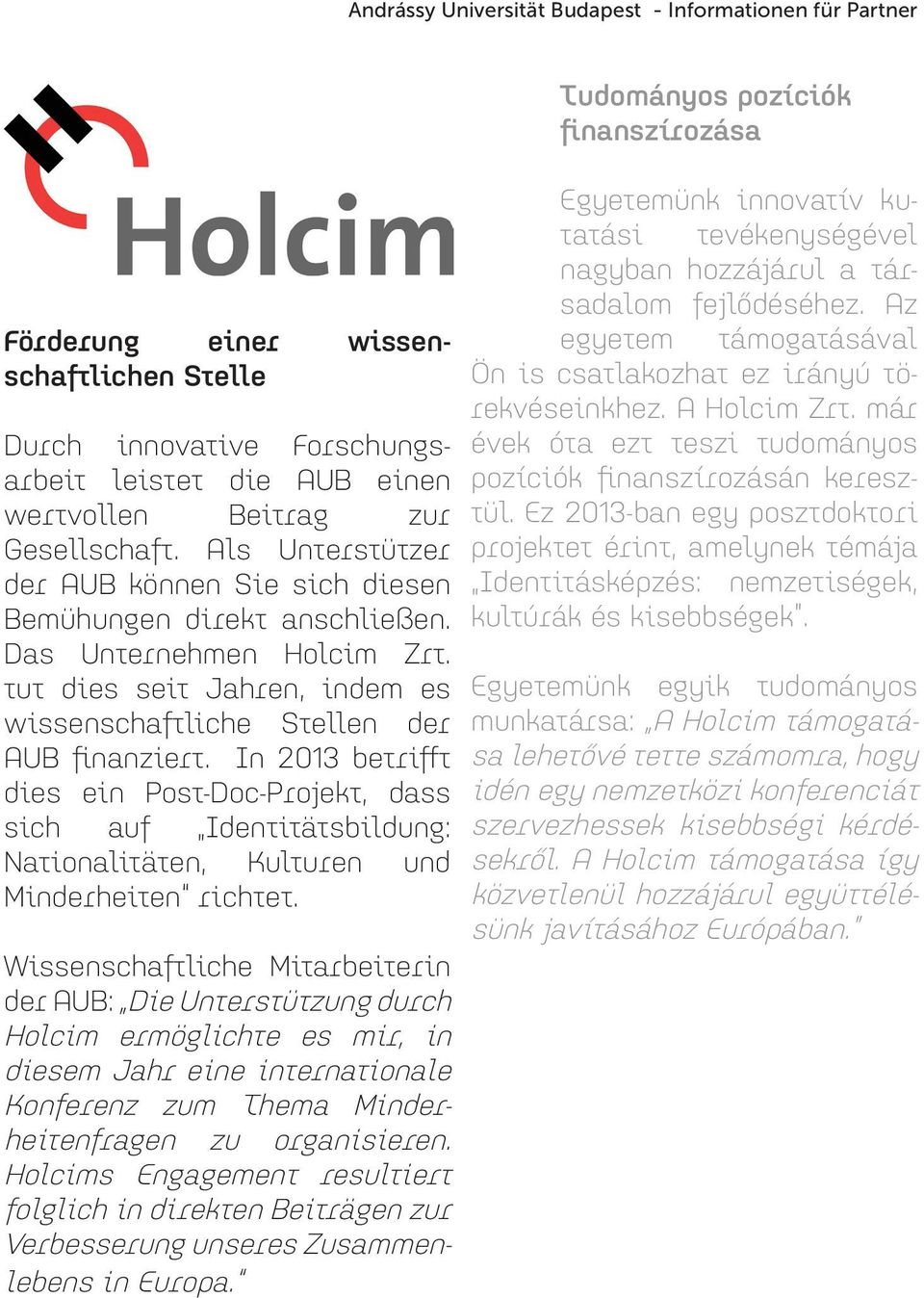 In 2013 betrifft dies ein Post-Doc-Projekt, dass sich auf Identitätsbildung: Nationalitäten, Kulturen und Minderheiten richtet.