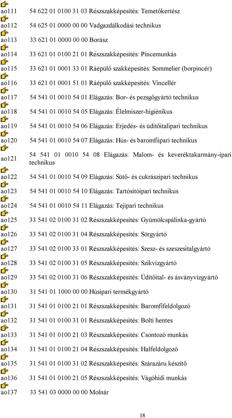 szakképesítés: Sommelier (borpincér) 33 621 01 0001 51 01 Ráépülő szakképesítés: Vincellér 54 541 01 0010 54 01 Elágazás: Bor- és pezsgőgyártó technikus 54 541 01 0010 54 05 Elágazás: