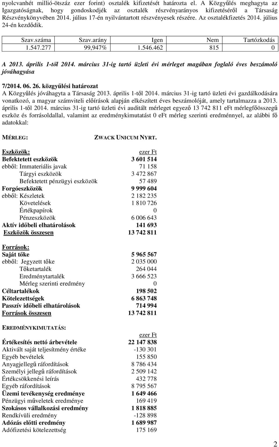 Az osztalékfizetés 2014. július 24-én kezddik. 1.547.277 99,947% 1.546.462 815 0 A 2013. április 1-tl 2014. március 31-ig tartó üzleti évi mérleget magában foglaló éves beszámoló jóváhagyása 7/2014.