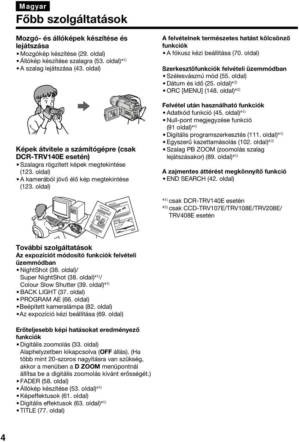 oldal) A felvételnek természetes hatást kölcsönző funkciók A fókusz kézi beállítása (70. oldal) Szerkesztőfunkciók felvételi üzemmódban Szélesvásznú mód (55. oldal) Dátum és idő (25.