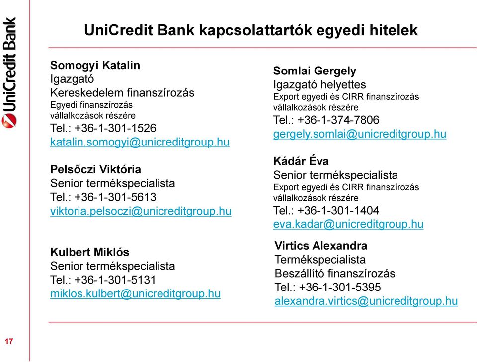 hu Somlai Gergely Igazgató helyettes Export egyedi és CIRR finanszírozás vállalkozások részére Tel.: +36-1-374-7806 gergely.somlai@unicreditgroup.