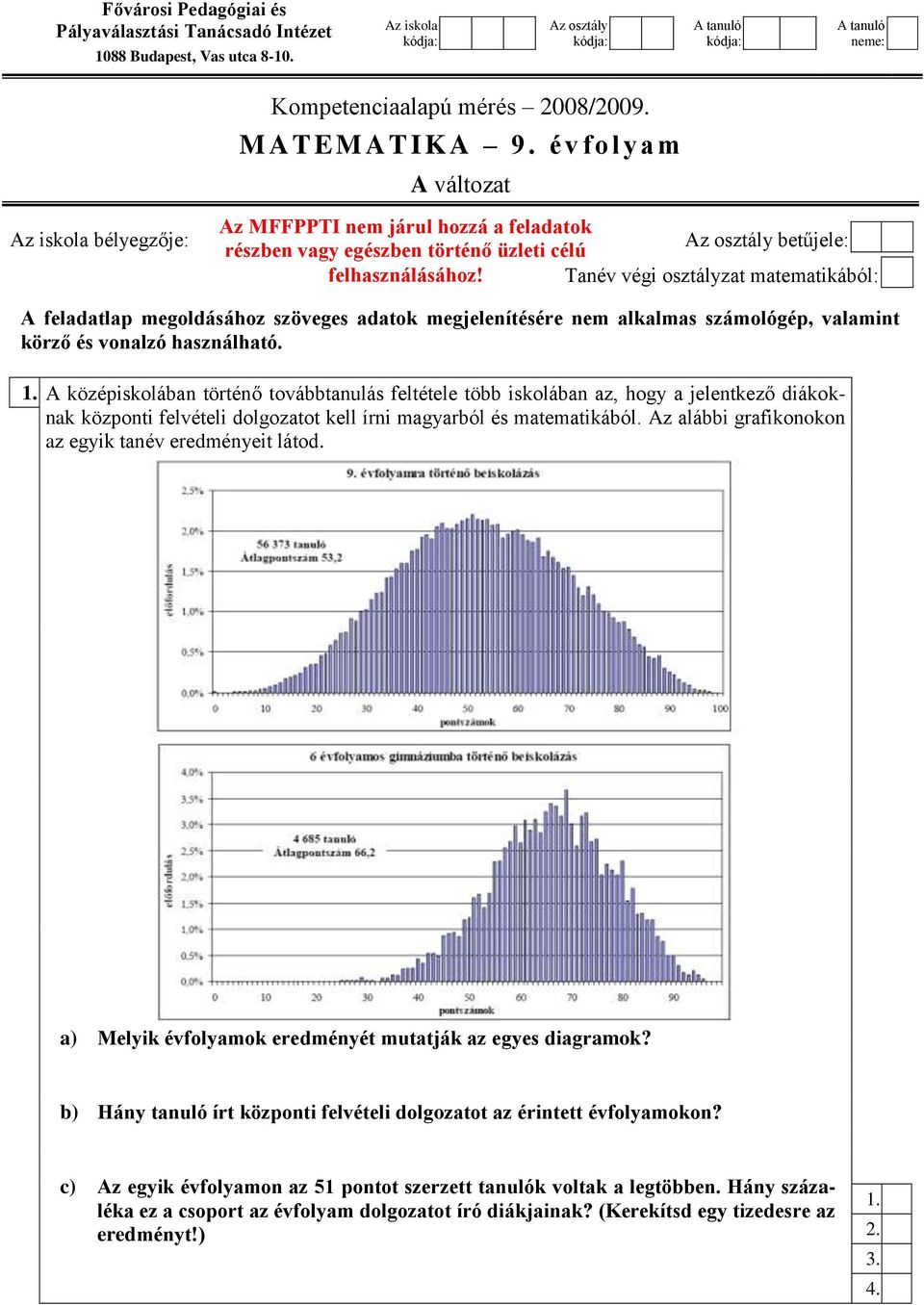 Tanév végi osztályzat matematikából: A feladatlap megoldásához szöveges adatok megjelenítésére nem alkalmas számológép, valamint körző és vonalzó használható. 1.