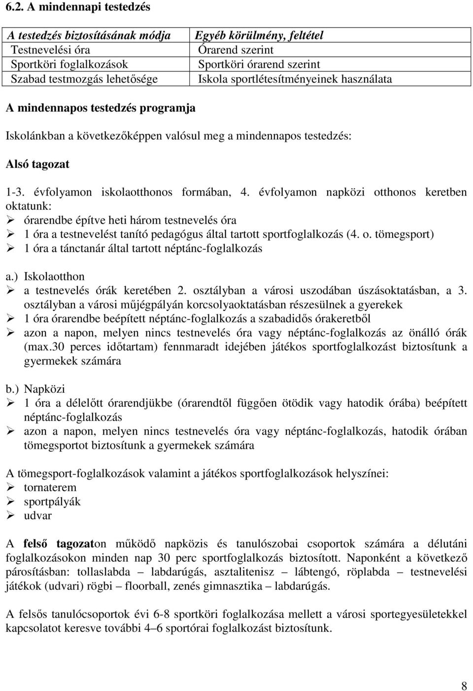 évfolyamon napközi otthonos keretben oktatunk: órarendbe építve heti három testnevelés óra 1 óra a testnevelést tanító pedagógus által tartott sportfoglalkozás (4. o. tömegsport) 1 óra a tánctanár által tartott néptánc-foglalkozás a.