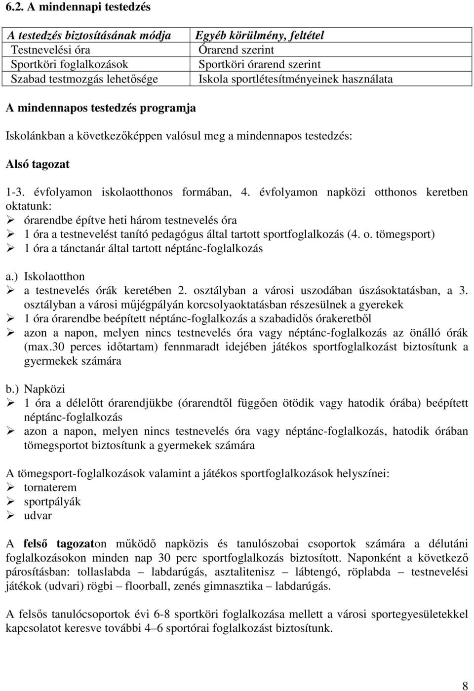 évfolyamon napközi otthonos keretben oktatunk: órarendbe építve heti három testnevelés óra 1 óra a testnevelést tanító pedagógus által tartott sportfoglalkozás (4. o. tömegsport) 1 óra a tánctanár által tartott néptánc-foglalkozás a.