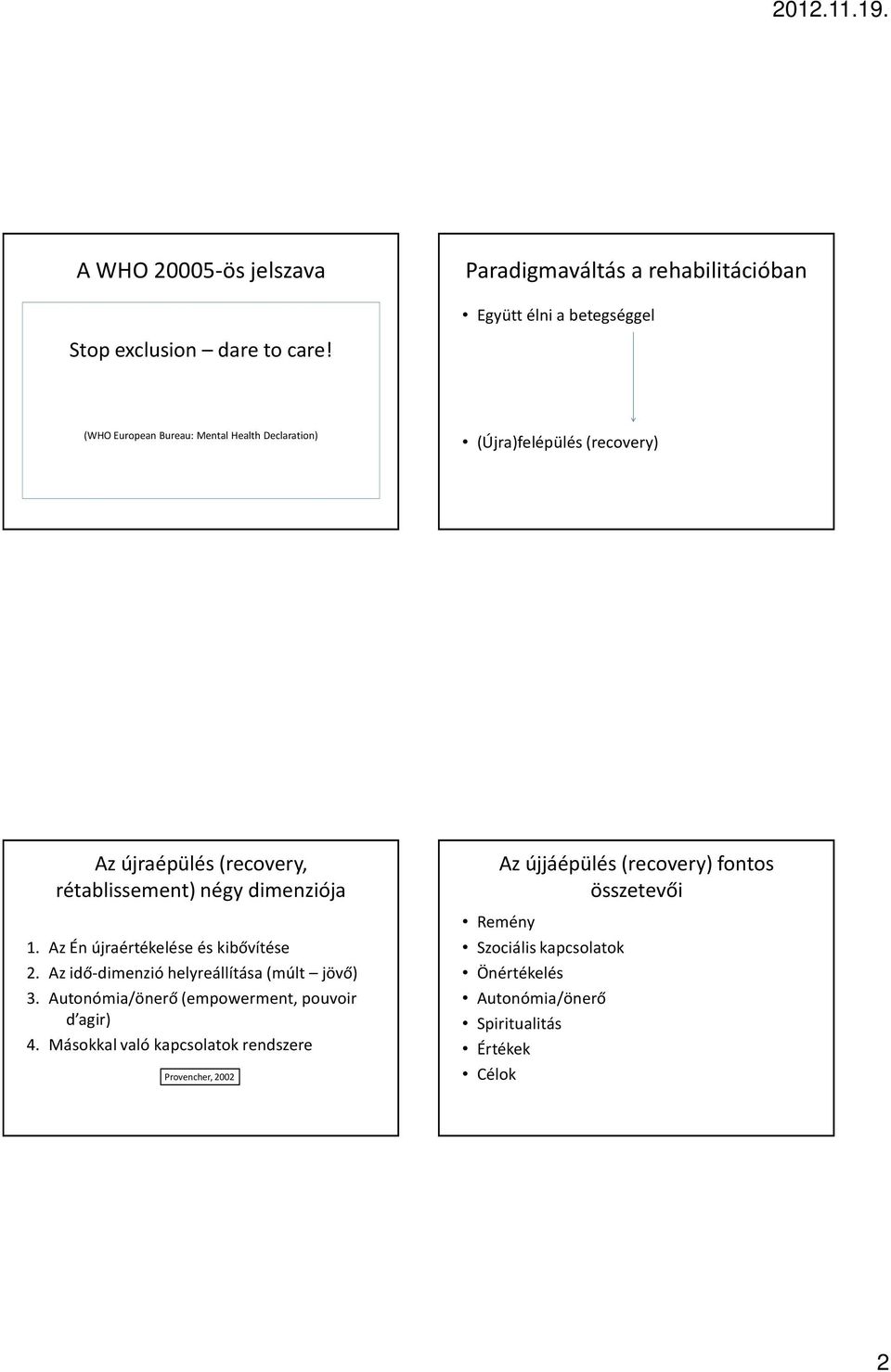 újraépülés (recovery, rétablissement) négy dimenziója 1. Az Én újraértékelése és kibővítése 2. Az idő-dimenzió helyreállítása (múlt jövő) 3.