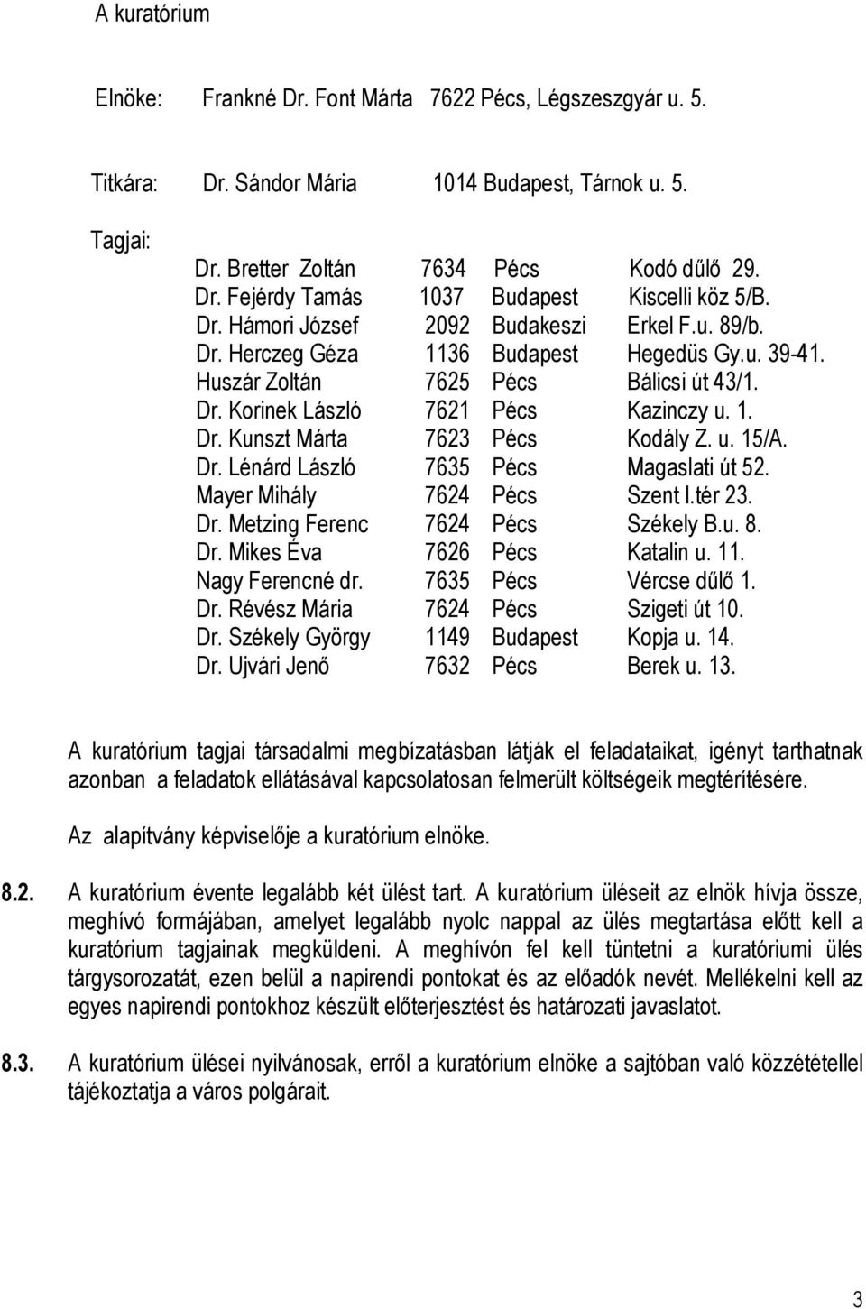 u. 15/A. Dr. Lénárd László 7635 Pécs Magaslati út 52. Mayer Mihály 7624 Pécs Szent I.tér 23. Dr. Metzing Ferenc 7624 Pécs Székely B.u. 8. Dr. Mikes Éva 7626 Pécs Katalin u. 11. Nagy Ferencné dr.