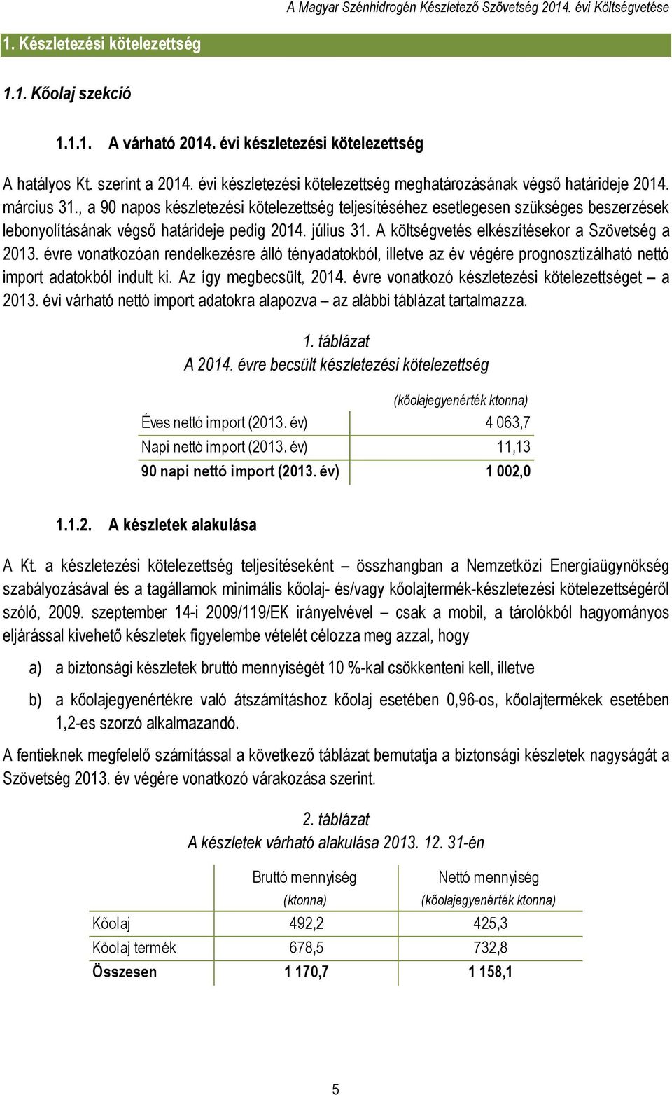 , a 90 napos készletezési kötelezettség teljesítéséhez esetlegesen szükséges beszerzések lebonyolításának végső határideje pedig 2014. július 31. A költségvetés elkészítésekor a Szövetség a 2013.