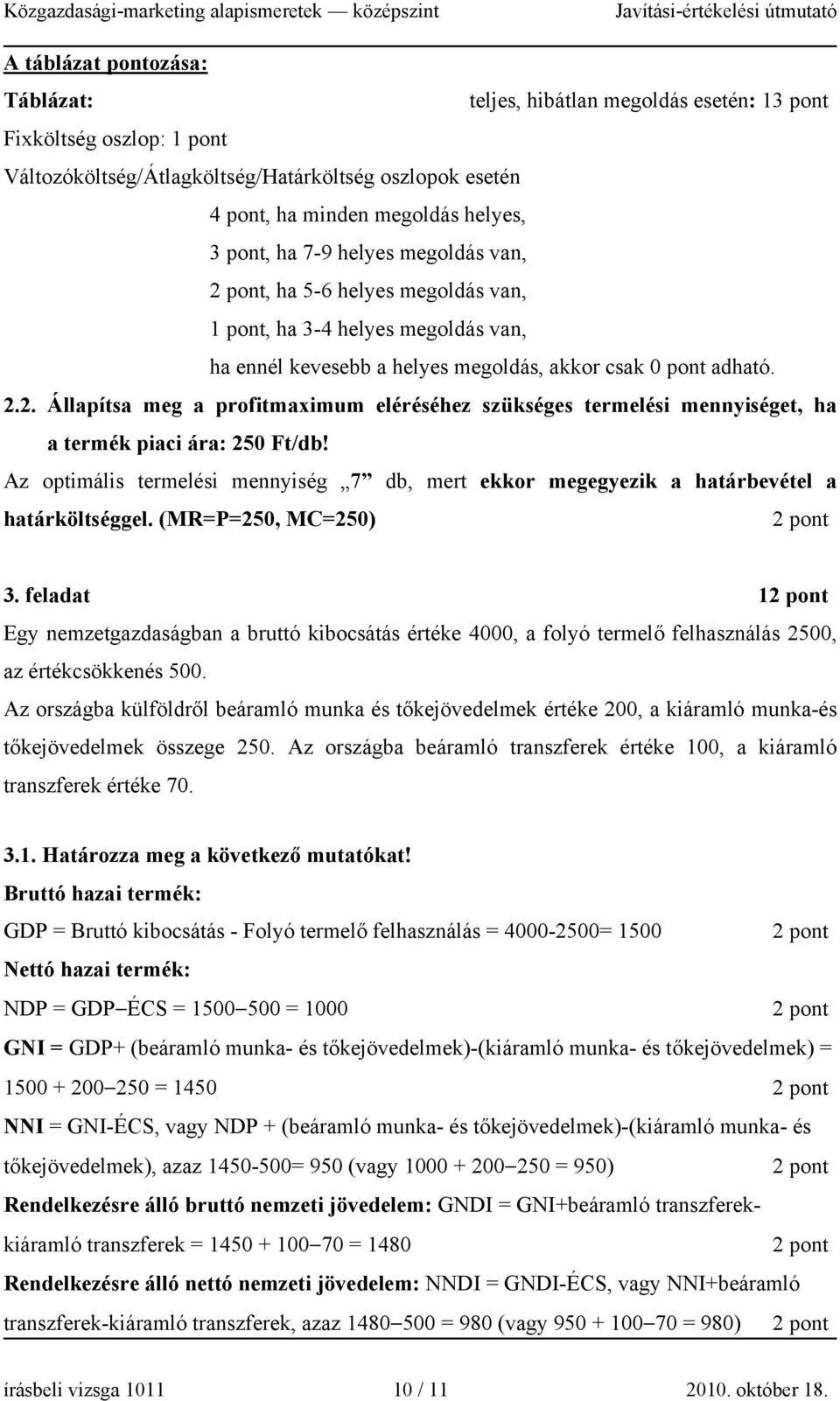 2. Állapítsa meg a profitmaximum eléréséhez szükséges termelési mennyiséget, ha a termék piaci ára: 250 Ft/db!