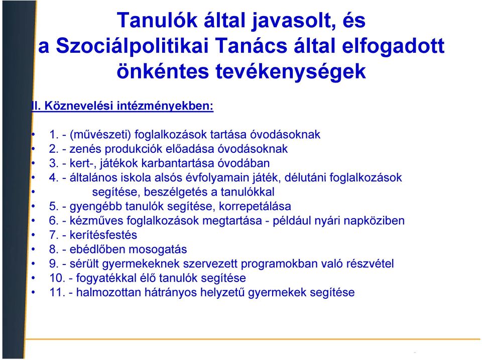 - általános iskola alsós évfolyamain játék, délutáni foglalkozások segítése, beszélgetés a tanulókkal 5. - gyengébb tanulók segítése, korrepetálása 6.