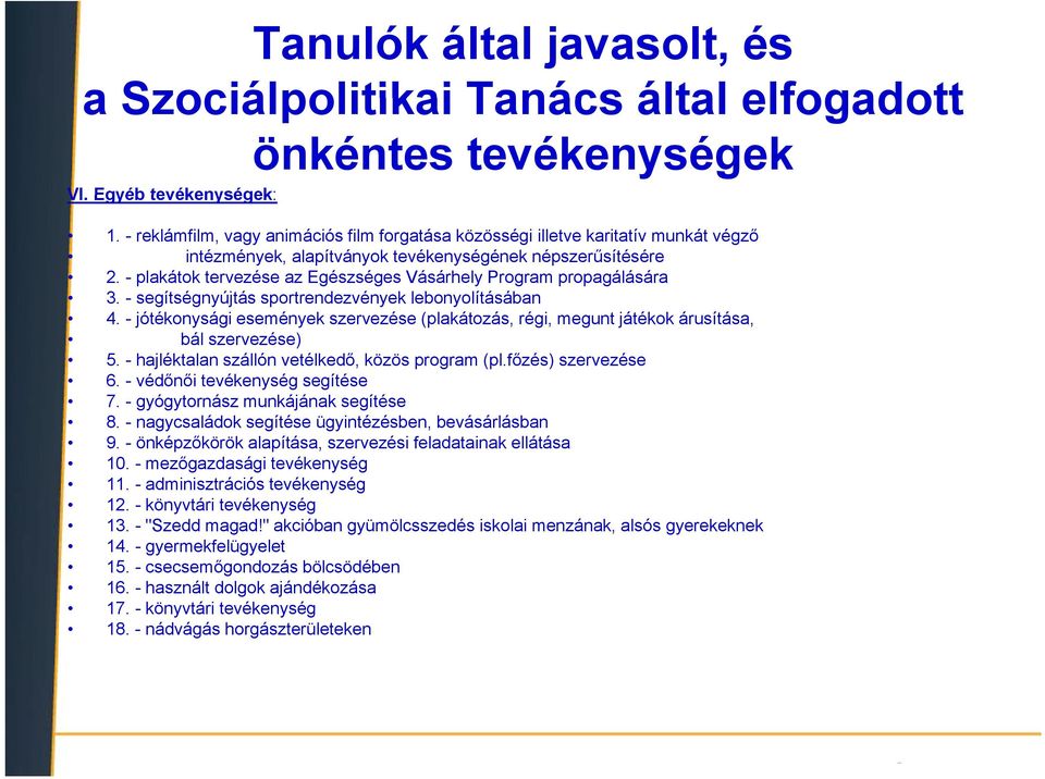 - plakátok tervezése az Egészséges Vásárhely Program propagálására 3. - segítségnyújtás sportrendezvények lebonyolításában lítá áb 4.