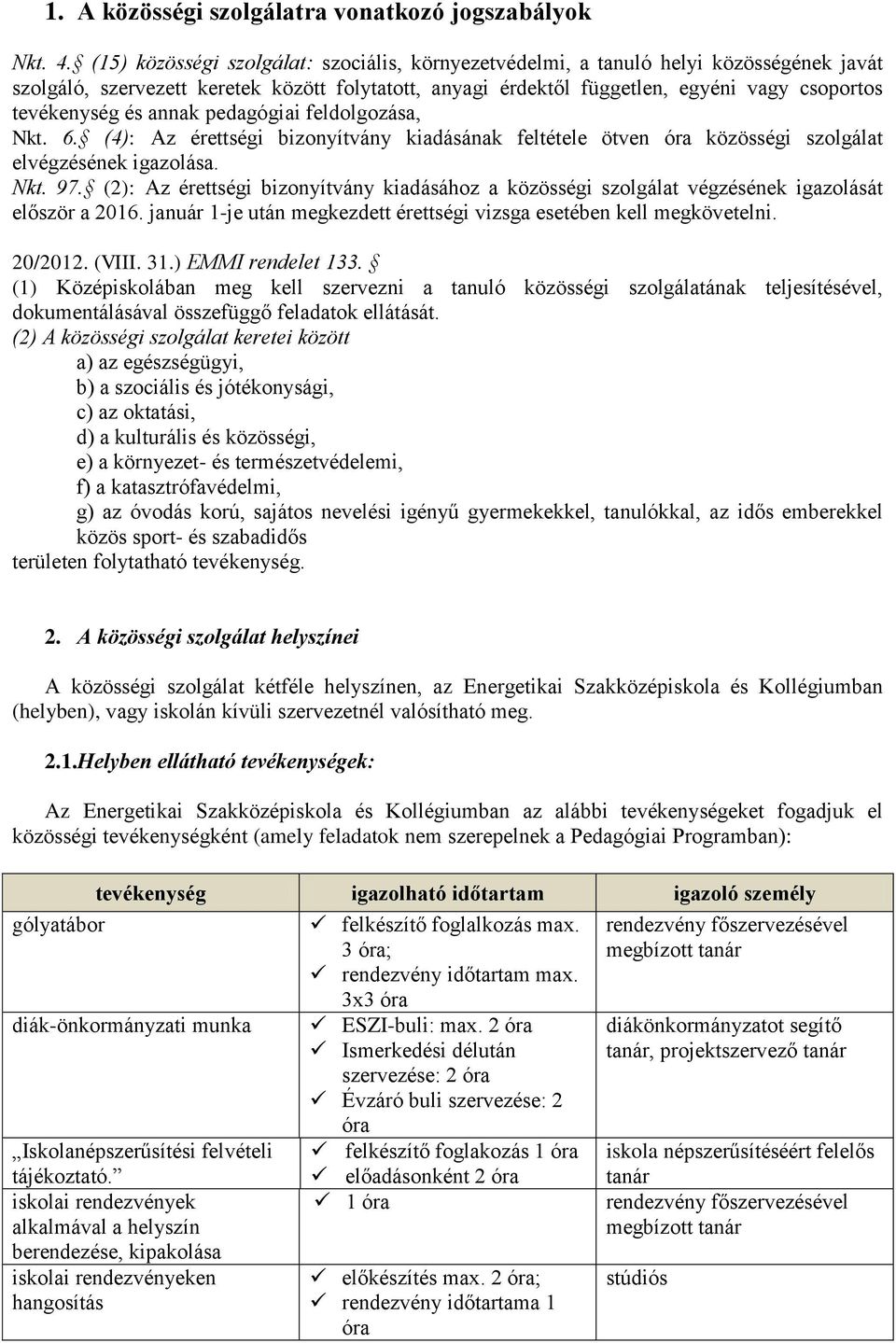 és annak pedagógiai feldolgozása, Nkt. 6. (4): Az érettségi bizonyítvány kiadásának feltétele ötven óra közösségi szolgálat elvégzésének igazolása. Nkt. 97.