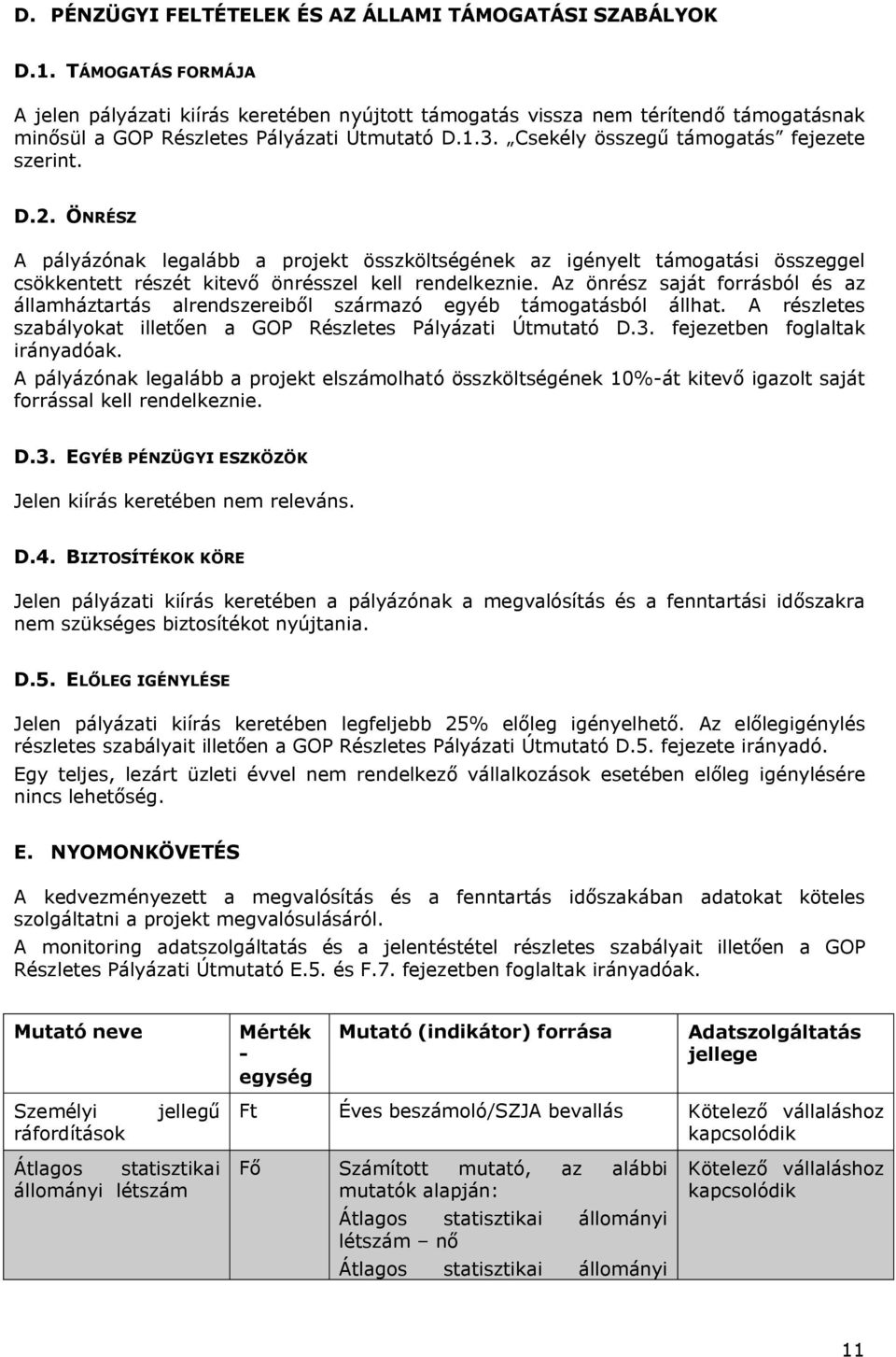 D.2. ÖNRÉSZ A pályázónak legalább a projekt összköltségének az igényelt támogatási összeggel csökkentett részét kitevő önrésszel kell rendelkeznie.