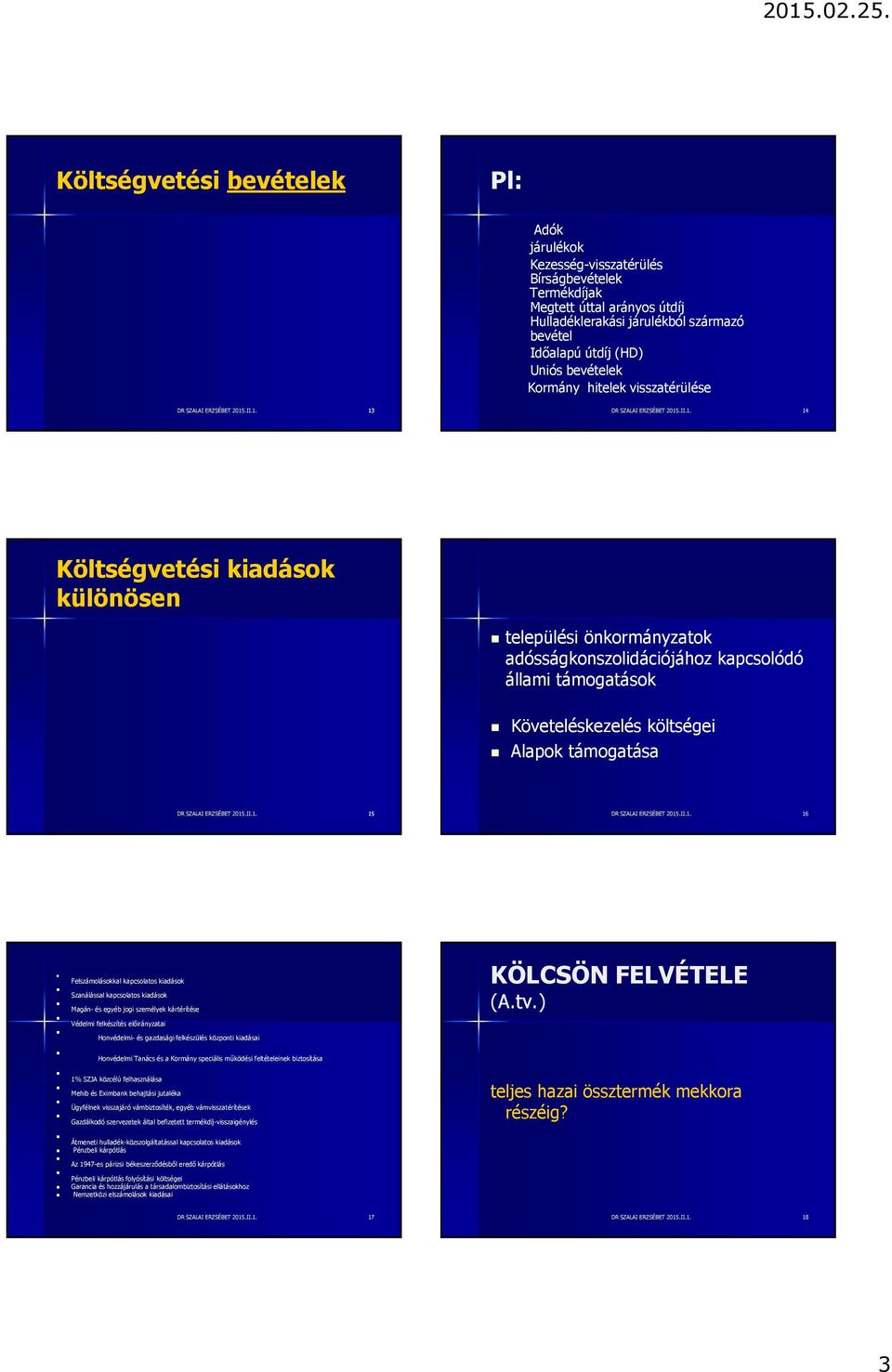 .II.1. 13 DR SZALAI ERZSÉBET 2015.II.1. 14 Költségvetési kiadások különösen települési önkormányzatok adósságkonszolidációjához kapcsolódó állami támogatások Követeléskezelés költségei Alapok támogatása DR SZALAI ERZSÉBET 2015.