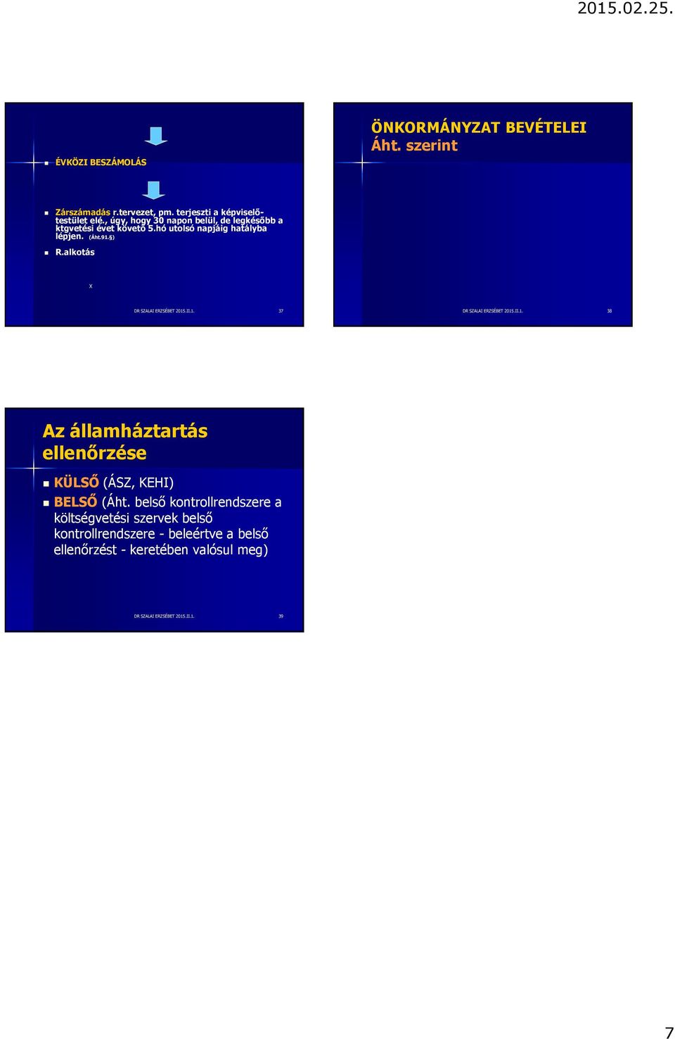 alkotás X DR SZALAI ERZSÉBET 2015.II.1. 37 DR SZALAI ERZSÉBET 2015.II.1. 38 Az államháztartás ellenőrzése KÜLSŐ (ÁSZ, KEHI) BELSŐ (Áht.