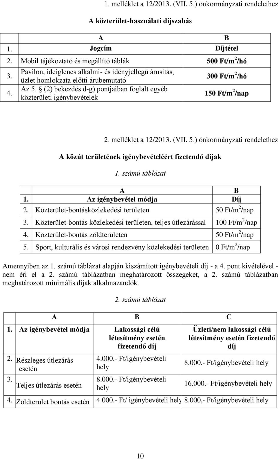 melléklet a 12/2013. (VII. 5.) önkormányzati rendelethez A közút területének igénybevételéért fizetendő díjak 1. számú táblázat A B 1. Az igénybevétel módja Díj 2.