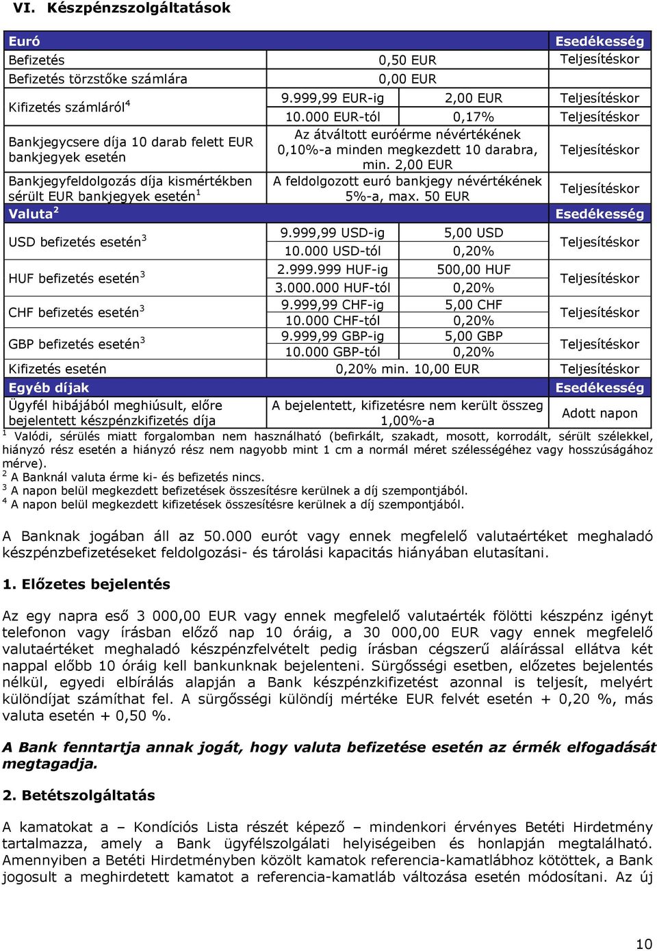 minden megkezdett 10 darabra, min. 2,00 EUR A feldolgozott euró bankjegy névértékének 5%a, max. 50 EUR USD befizetés esetén 3 9.999,99 USDig 5,00 USD 10.