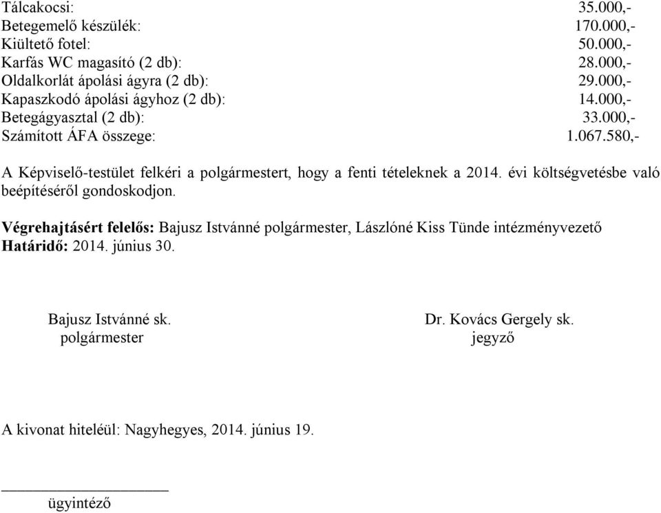 000,- Számított ÁFA összege: 1.067.580,- A Képviselő-testület felkéri a t, hogy a fenti tételeknek a 2014.