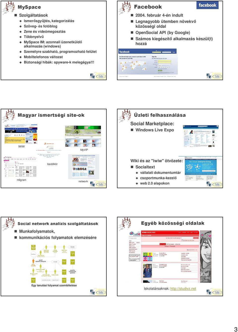 oldal OpenSocial API (by Google) Számos kiegészítı alkalmazás készül(t) hozzá Személyre szabható, programozható felület Mobiltelefonos változat Biztonsági hibák: spyware-k melegágya!