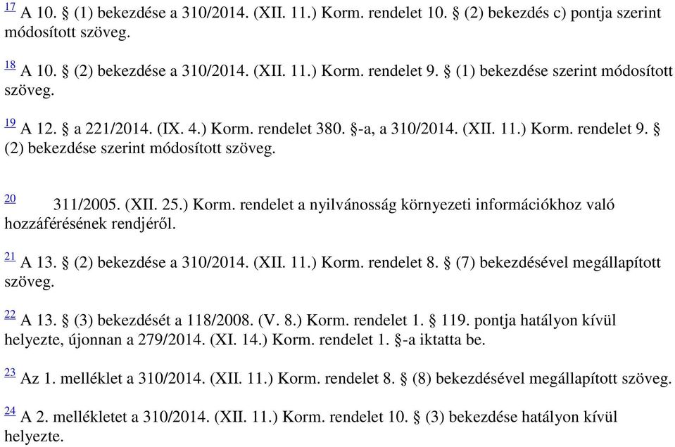 ) Korm. rendelet a nyilvánosság környezeti információkhoz való hozzáférésének rendjéről. 21 A 13. (2) bekezdése a 310/2014. (XII. 11.) Korm. rendelet 8. (7) bekezdésével megállapított szöveg. 22 A 13.