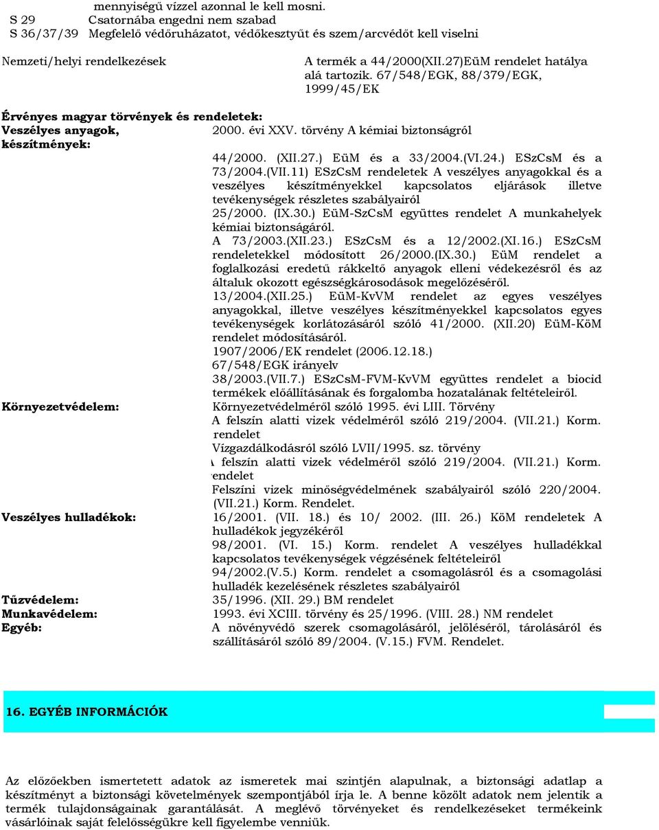 67/548/EGK, 88/379/EGK, 1999/45/EK Érvényes magyar törvények és rendeletek: Veszélyes anyagok, 2000. évi XXV. törvény A kémiai biztonságról készítmények: 44/2000. (XII.27.) EüM és a 33/2004.(VI.24.