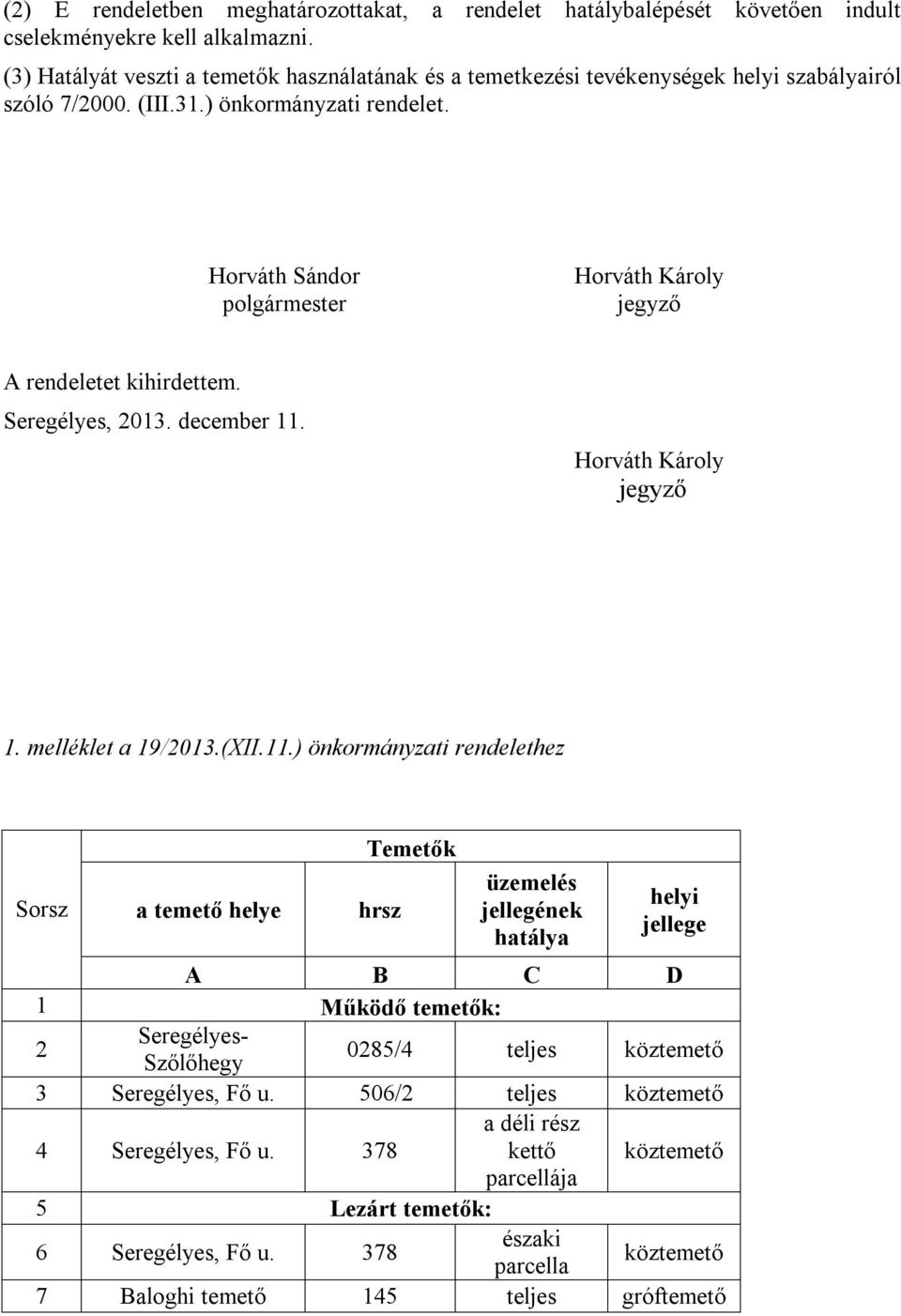 Horváth Sándor polgármester Horváth Károly jegyző A rendeletet kihirdettem. Seregélyes, 2013. december 11.
