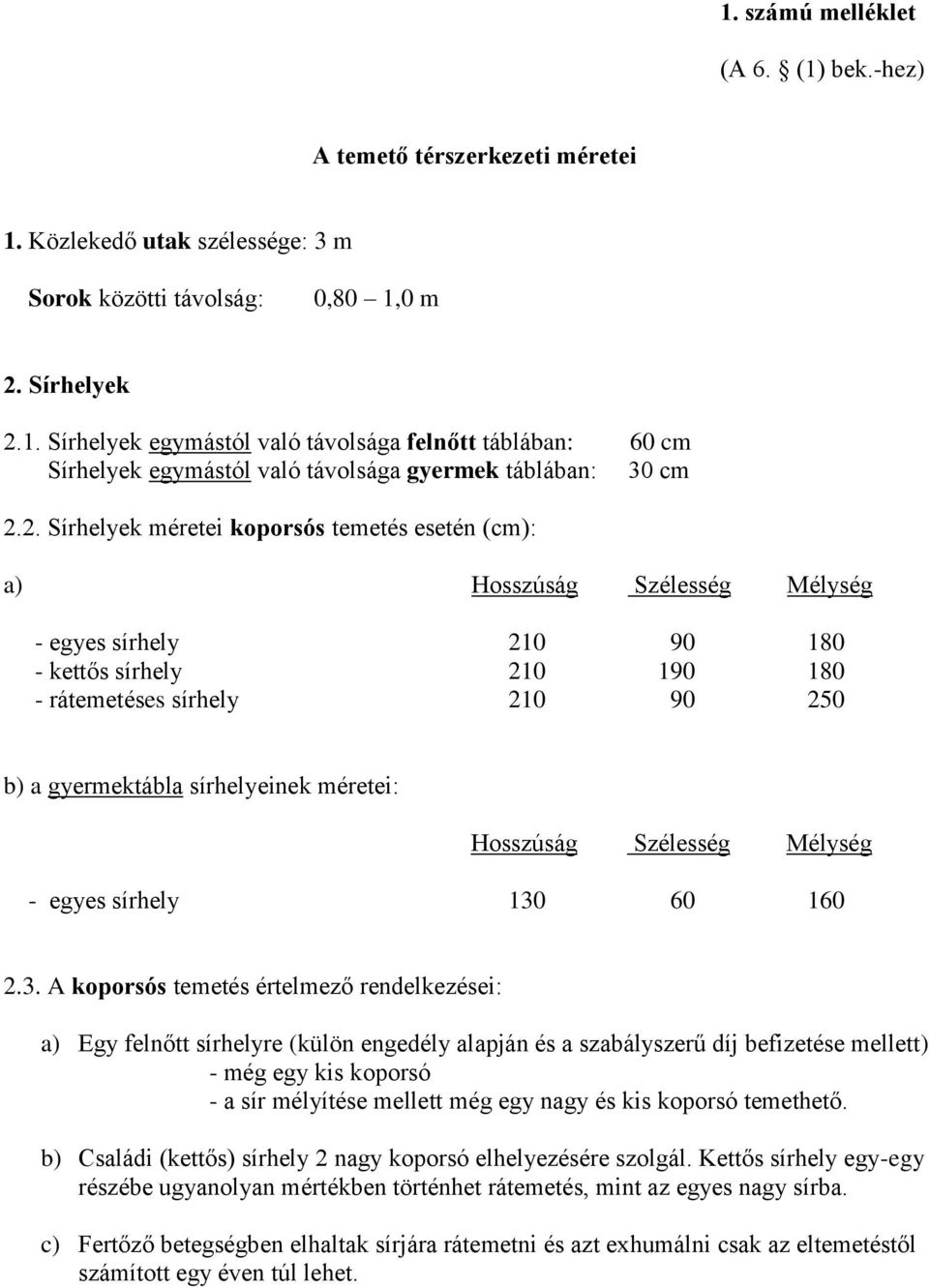 sírhelyeinek méretei: Hosszúság Szélesség Mélység - egyes sírhely 130