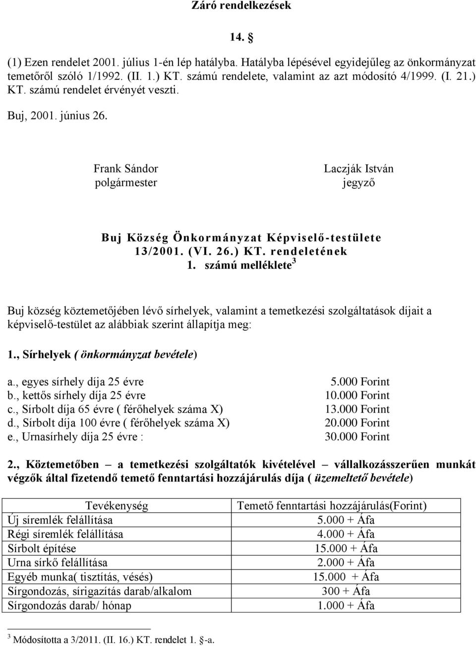 Frank Sándor polgármester Laczják István jegyző Buj Község Önkormányzat Képviselő -testülete 13/2001. (VI. 26.) KT. rendeletének 1.