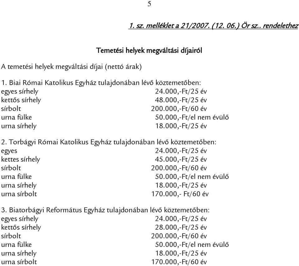 Torbágyi Római Katolikus Egyház tulajdonában lévő köztemetőben: egyes 24.000,-Ft/ kettes sírhely 45.000,-Ft/ sírbolt 200.000,-Ft/ urna fülke 50.000,-Ft/el nem évülő urna sírhely 18.