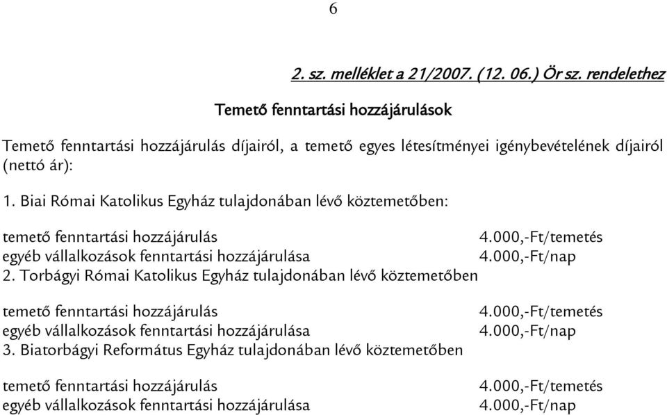 Biai Római Katolikus Egyház tulajdonában lévő köztemetőben: temető fenntartási hozzájárulás 4.000,-Ft/temetés egyéb vállalkozások fenntartási hozzájárulása 4.000,-Ft/nap 2.