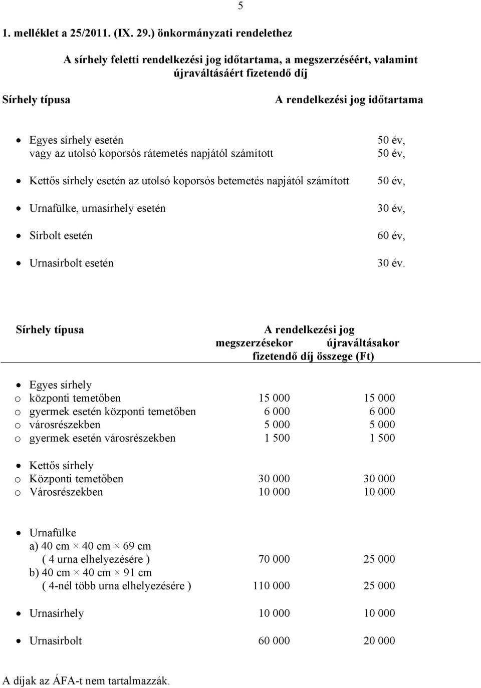 vagy az utolsó koporsós rátemetés napjától számított 50 év, 50 év, Kettős sírhely esetén az utolsó koporsós betemetés napjától számított Urnafülke, urnasírhely esetén Sírbolt esetén Urnasírbolt