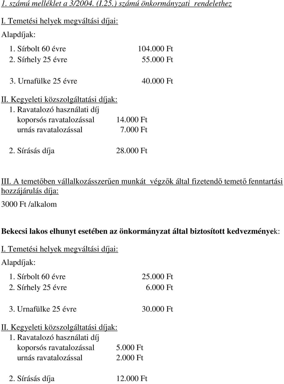 A temetőben vállalkozásszerűen munkát végzők által fizetendő temető fenntartási hozzájárulás díja: 3000 Ft /alkalom Bekecsi lakos elhunyt esetében az önkormányzat által biztosított kedvezmények: I.